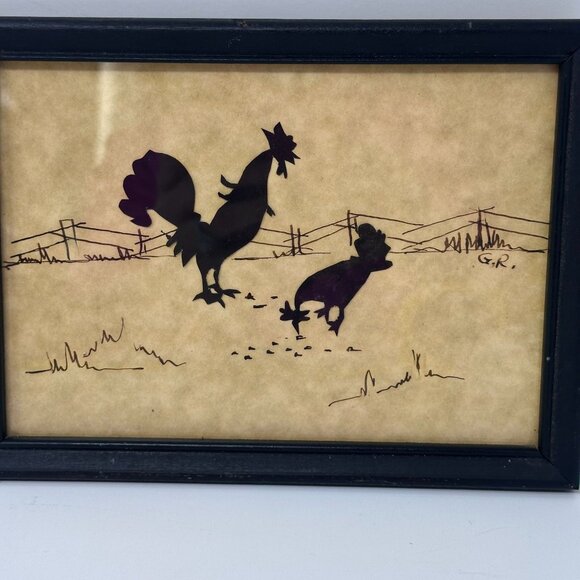 Vintage Rooster Hen Silhouette Farm Art Signed GR Framed Rustic Wall Decor - Picture 2 of 16